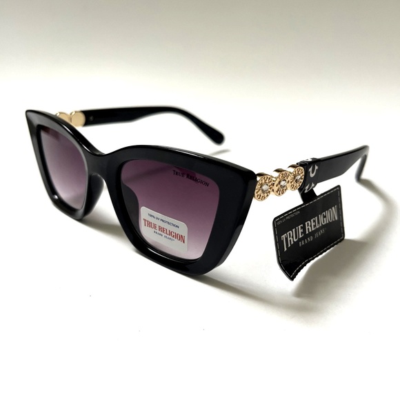 NWT True Religion Cat Eye Sunglasses Black Gold Logo Studs Rhinestone Gradient - Picture 7 of 7